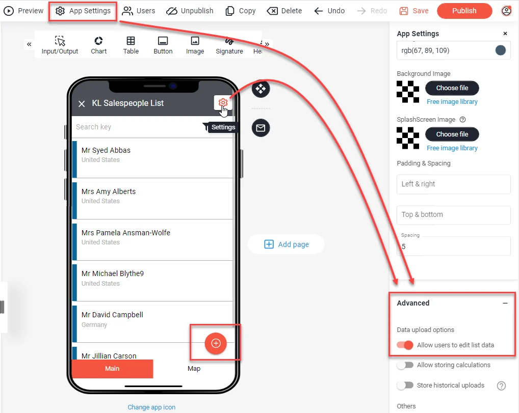 App Settings mit aktiviertem Allow users to edit list data unter Advanced und hervorgehobenem Plus-Button in der Vorschau