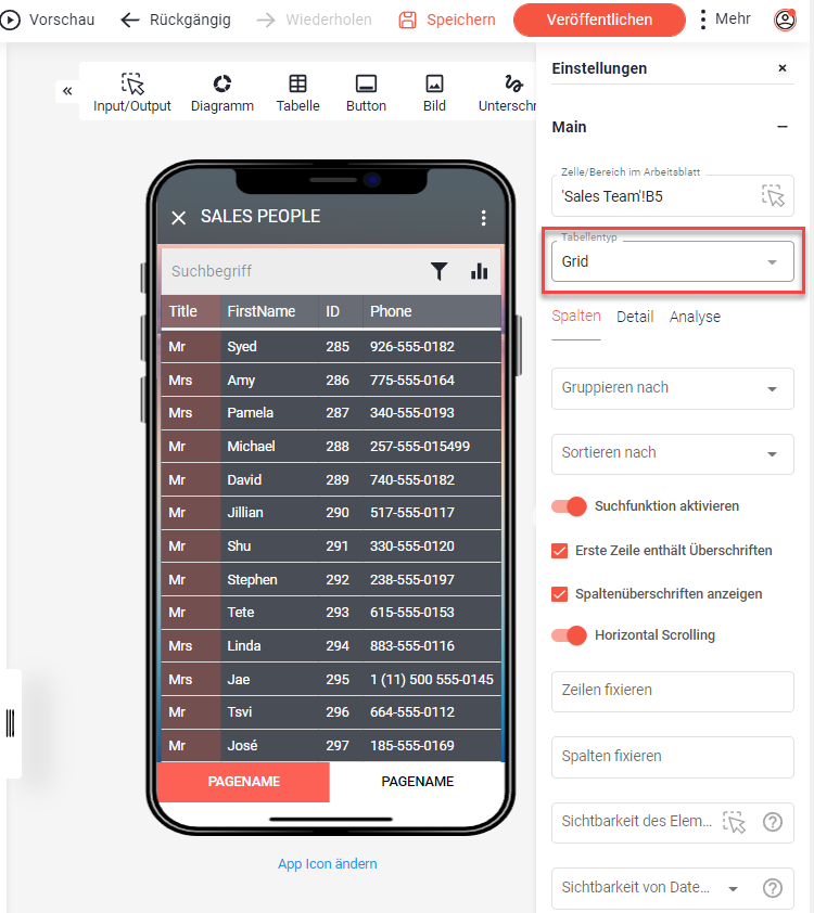Einstellungen des Tabelle-Elements mit hervorgehobenem Dropdown Tabellentyp, eingestellt auf Grid