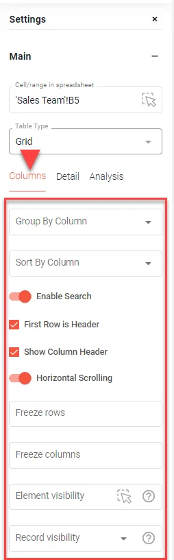 Reiter Columns mit hervorgehobenen Optionen wie Gruppieren, Sortieren, Suche, Überschriften, Fixieren und Sichtbarkeit