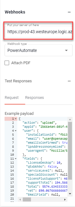 Webhooks section with the Power Automate URL pasted into the highlighted server URL field
