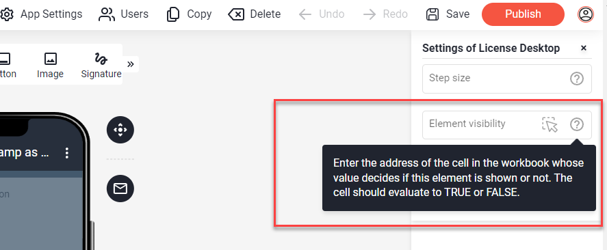 Element settings with the Element visibility field highlighted and a tooltip saying the cell must evaluate to TRUE or FALSE