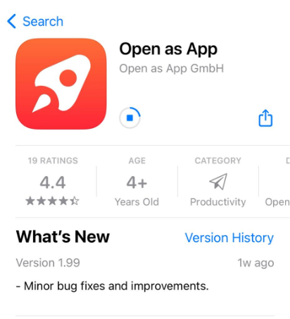 App Store page of Open as App by Open as App GmbH with the download in progress