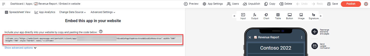 Embed this app in your website page with the iframe code snippet highlighted and Show advanced options below