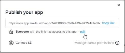 Publish your app dialog with the share link and the note Everyone with the link has access to this app