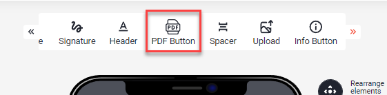 Element toolbar in the App Designer with the PDF Button element highlighted between Header and Spacer