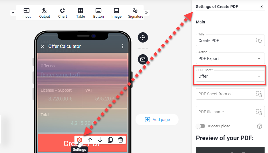 Settings of Create PDF panel opened from the button's settings icon, the PDF Sheet dropdown set to Offer is highlighted