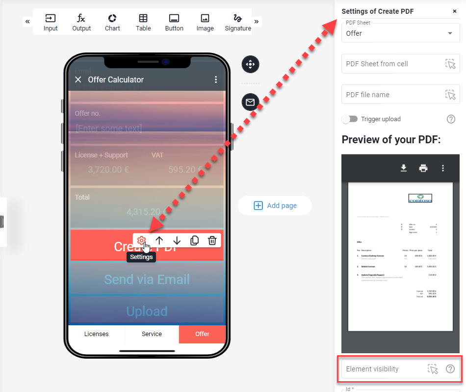 Einstellungen des Create PDF Buttons mit hervorgehobenem Feld Element visibility unterhalb der PDF-Vorschau