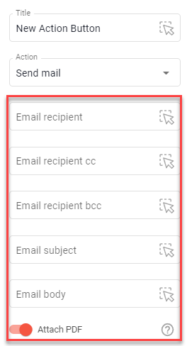 Button settings with Action Send mail, fields for Email recipient, cc, bcc, subject and body plus the Attach PDF switch