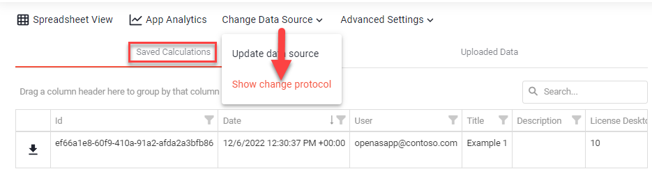 Change Data Source menu with Show change protocol and the Saved Calculations tab above a table of saved entries