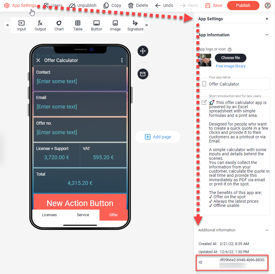 App Settings panel in the App Designer, an arrow leads down to the Id under Additional information