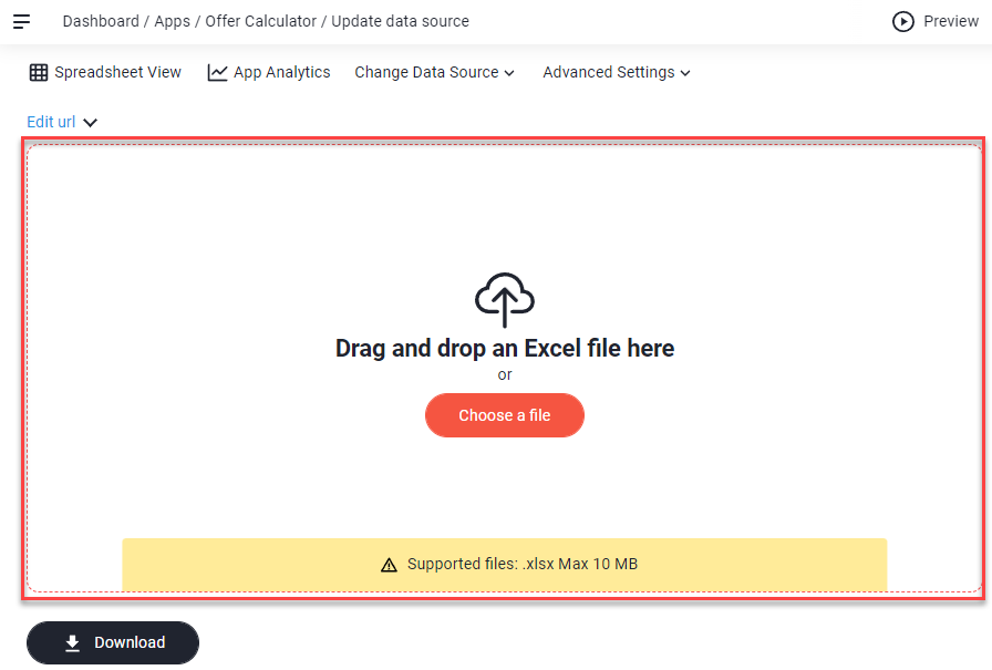 Update data source page with the highlighted upload area to drag and drop or choose an Excel file