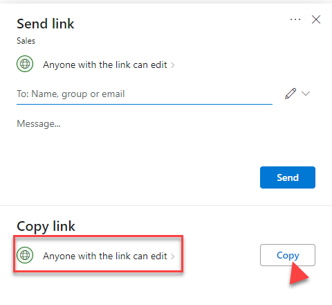 OneDrive Send link dialog with Anyone with the link can edit highlighted and an arrow pointing to Copy
