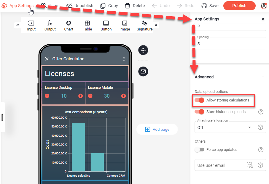 App-Einstellungen im App Designer mit Pfeil zum Bereich Advanced, Option Allow storing calculations hervorgehoben