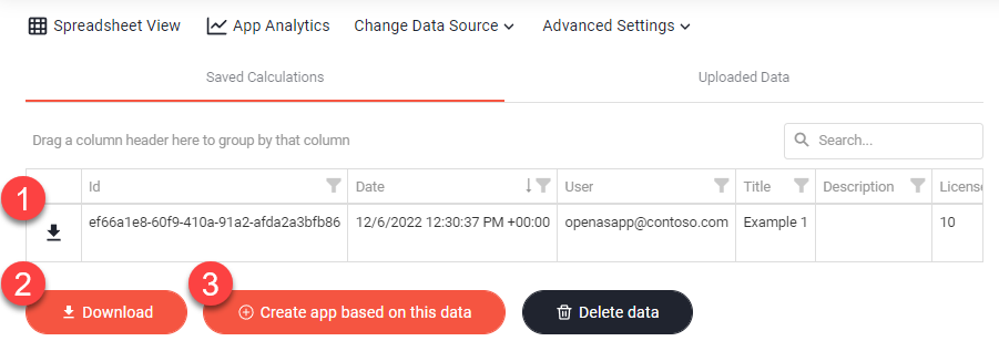 Tabelle Saved Calculations: Download-Symbol der Zeile als 1, Button Download als 2, Create app based on this data als 3