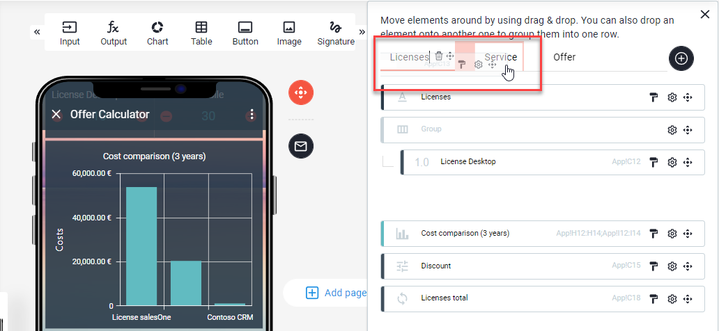 Rearrange panel where the dragged element is dropped onto the Service page tab, the page tabs are highlighted in red