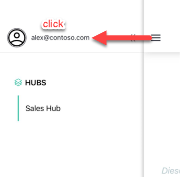 Side menu of the Open as App client, an arrow labeled click points to the user email address at the top