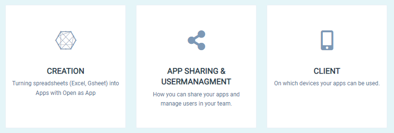 Three tiles for the parts of the service: Creation, App Sharing and User Management, and Client