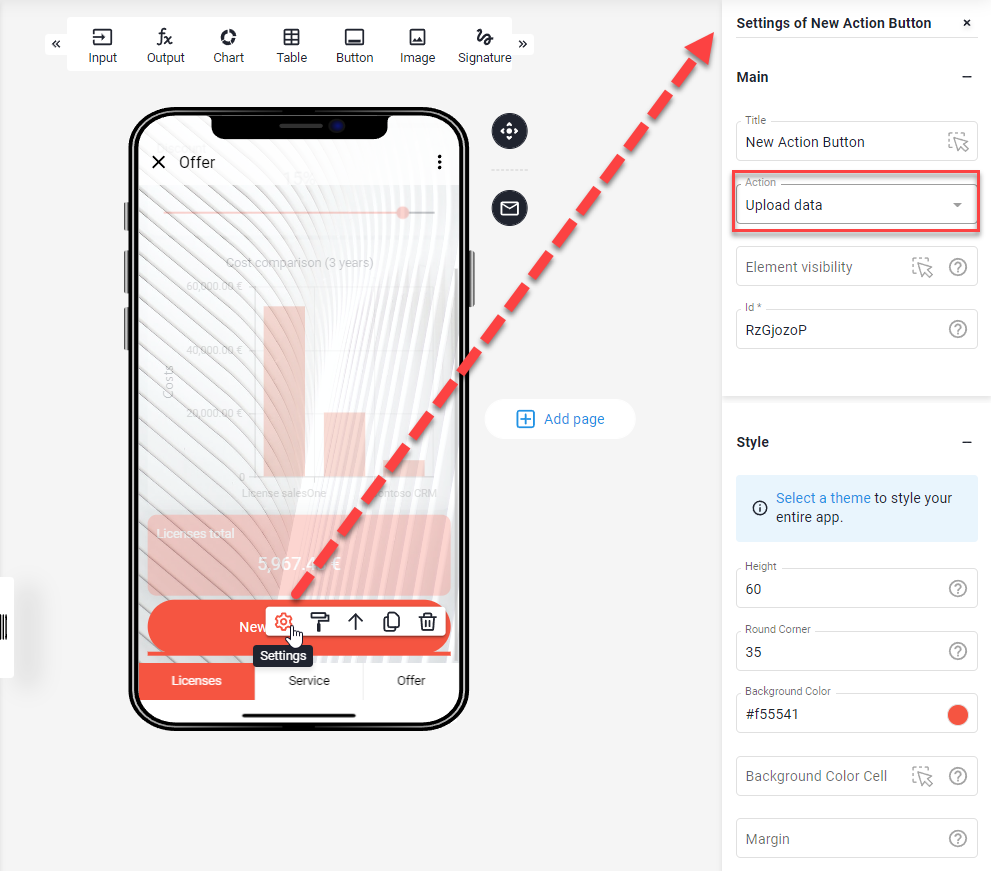 Button settings in the App Designer with the Action dropdown set to Upload data highlighted