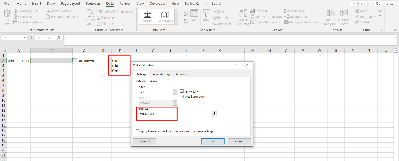 Excel Data Validation dialog where the Source field references the cell range E2:E4 containing Car, Bike, Cycle