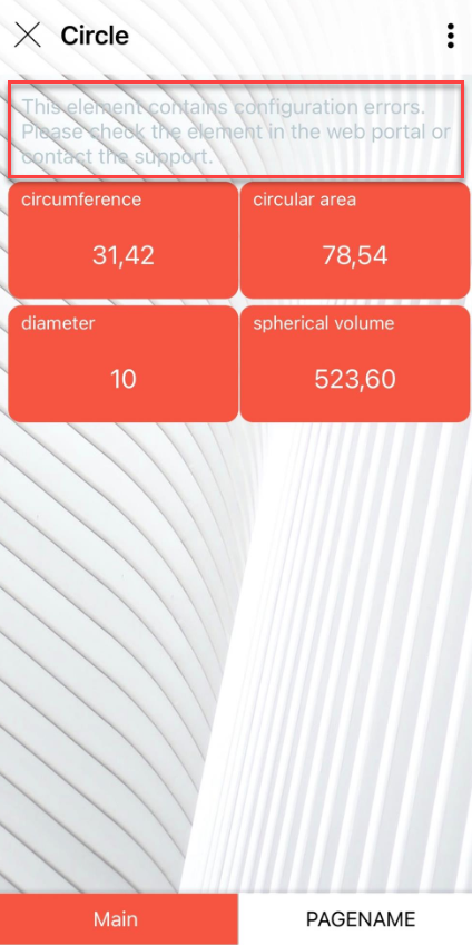 Circle app with the element message This element contains configuration errors instead of the radius input