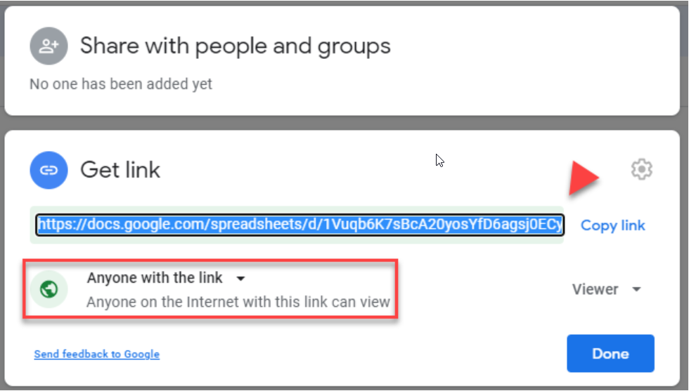 Google Sheets share dialog with the Get link URL, Copy link and the Anyone with the link option highlighted