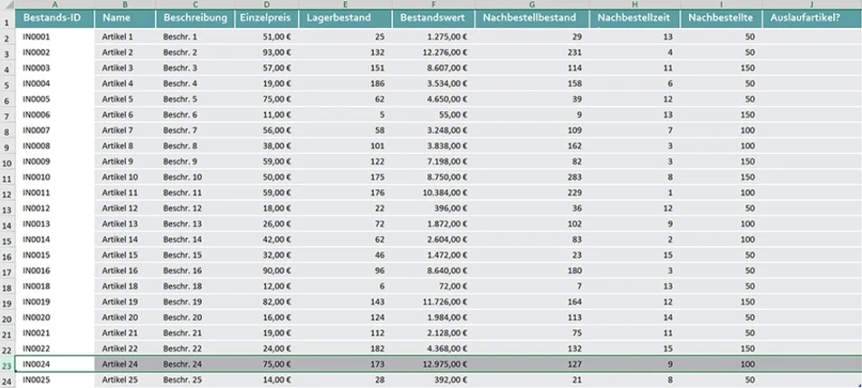 Well-structured Excel inventory list with a header row and one value per cell, no empty columns