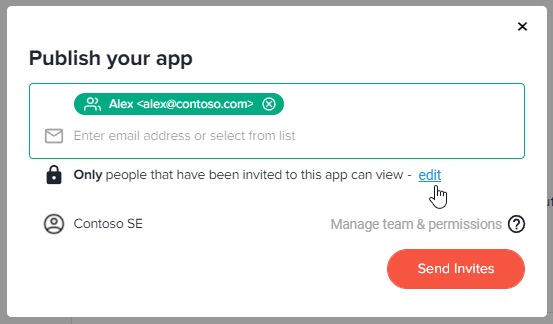 Dialog Publish your app mit eingeladener E-Mail-Adresse und der Option Only people that have been invited can view