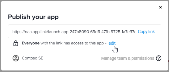 Dialog Publish your app mit Freigabelink, Copy link und der Option Everyone with the link has access