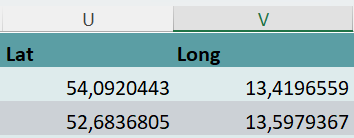 Excel-Spalten Lat und Long mit Breiten- und Längengrad als Dezimalzahlen