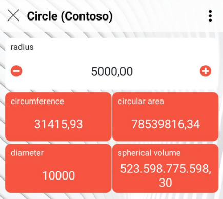 Circle app on Android in German: radius input 5000,00 without thousands separator, results such as 31415,93