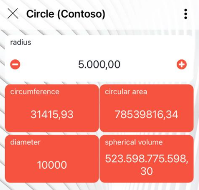 Circle app on iOS with German region: radius 5.000,00 and results such as 31415,93 with a decimal comma