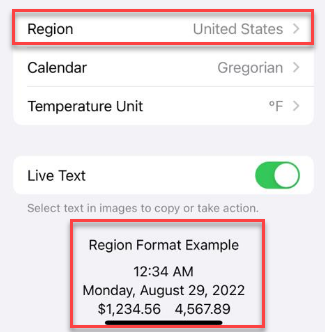 iOS region settings with Region set to United States and the format example 1,234.56 and 4,567.89