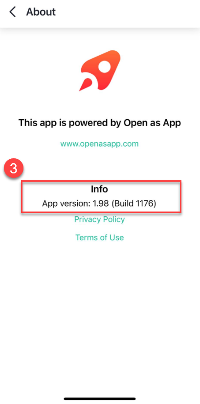 About screen with the Info section highlighted, showing App version 1.98 Build 1176