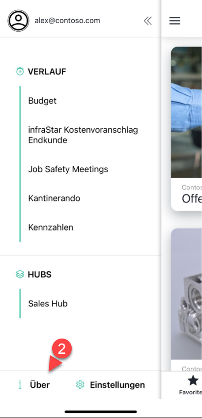 Geöffnetes Seitenmenü der App mit Verlauf und Hubs, der Eintrag Über unten ist als Schritt 2 markiert
