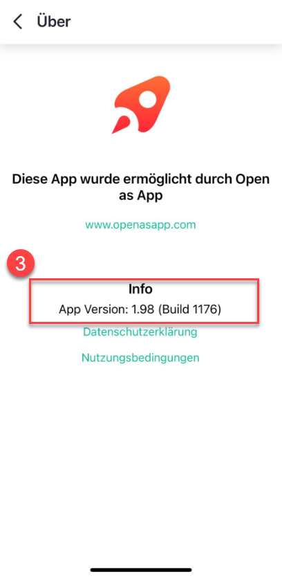 Über-Ansicht mit hervorgehobenem Info-Bereich, der App Version 1.98 Build 1176 anzeigt