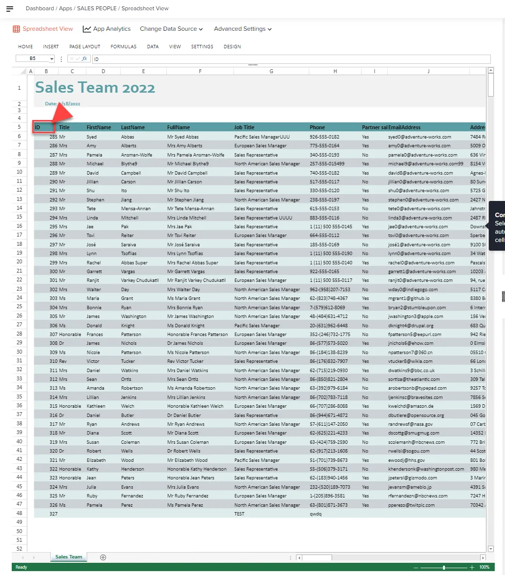 Tabellenansicht im App Designer mit Pfeil auf Zelle B5 ID, dem Startpunkt der Liste im Blatt Sales Team
