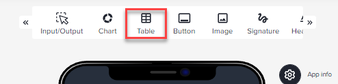Elementleiste im App Designer mit hervorgehobenem Element Table