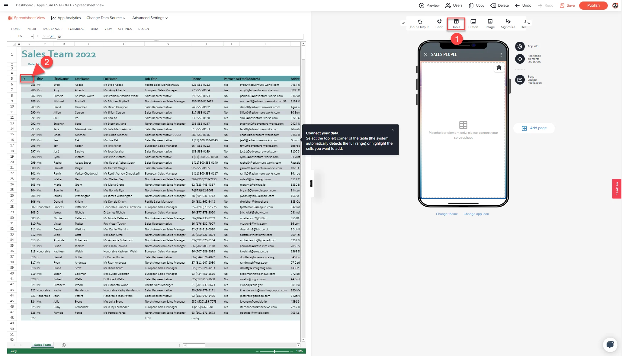 App Designer mit ausgewähltem Tabelle-Element in der Elementleiste und markierter linker oberer Zelle des Datenbereichs