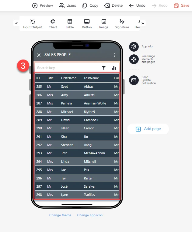 App-Vorschau mit den verbundenen Sales-People-Daten als Tabelle im Smartphone-Rahmen, markiert als Schritt 3