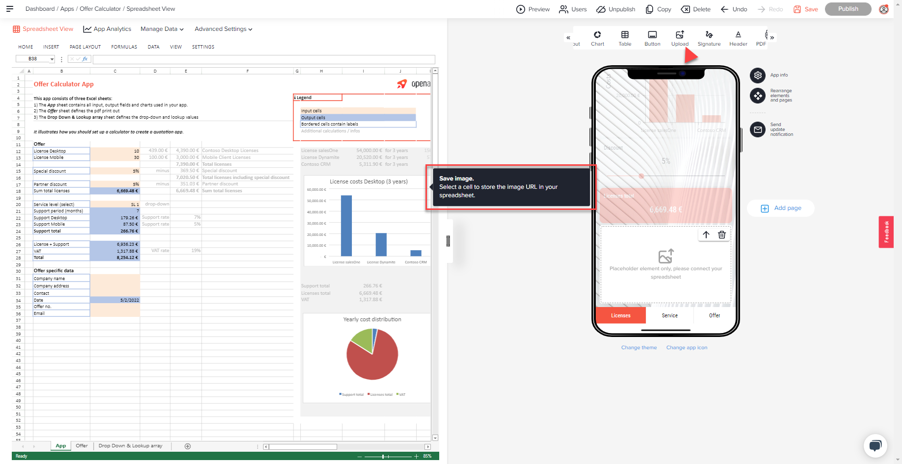 Spreadsheet View with a new Upload element and the prompt to select a cell for storing the image URL