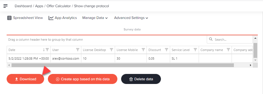 Show change protocol page with the uploaded survey data and an arrow pointing to the Download button
