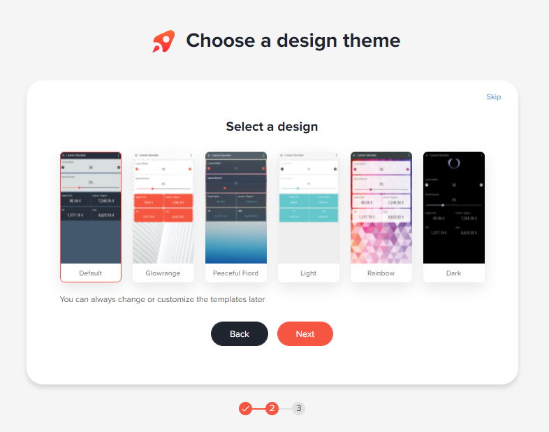 Schritt Choose a design theme mit sechs Designvorschauen wie Default, Gloworange, Light und Dark, Default ist ausgewählt