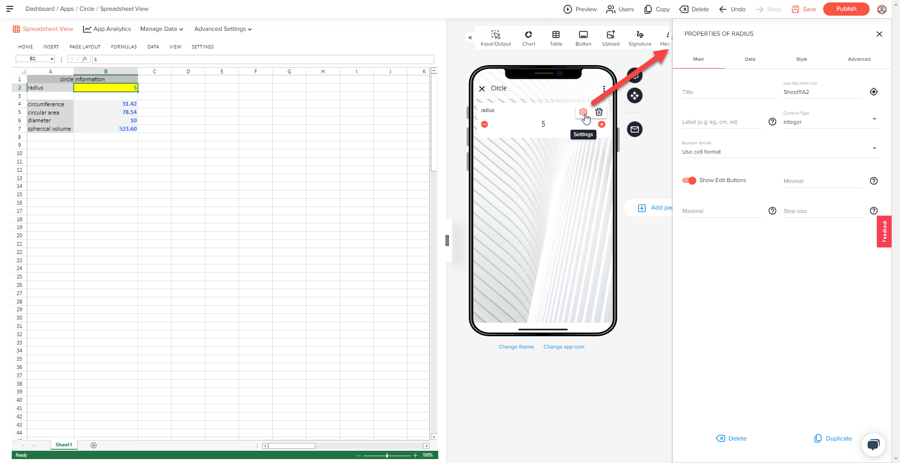 Element Radius in der App-Vorschau mit Zahnradsymbol, ein Pfeil zeigt auf das Panel Properties of Radius mit Tab Main