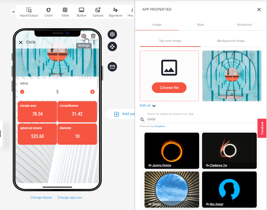 Zahnradsymbol neben dem App-Namen mit Tooltip Settings und das Panel App Properties mit Tab Image und Top area image
