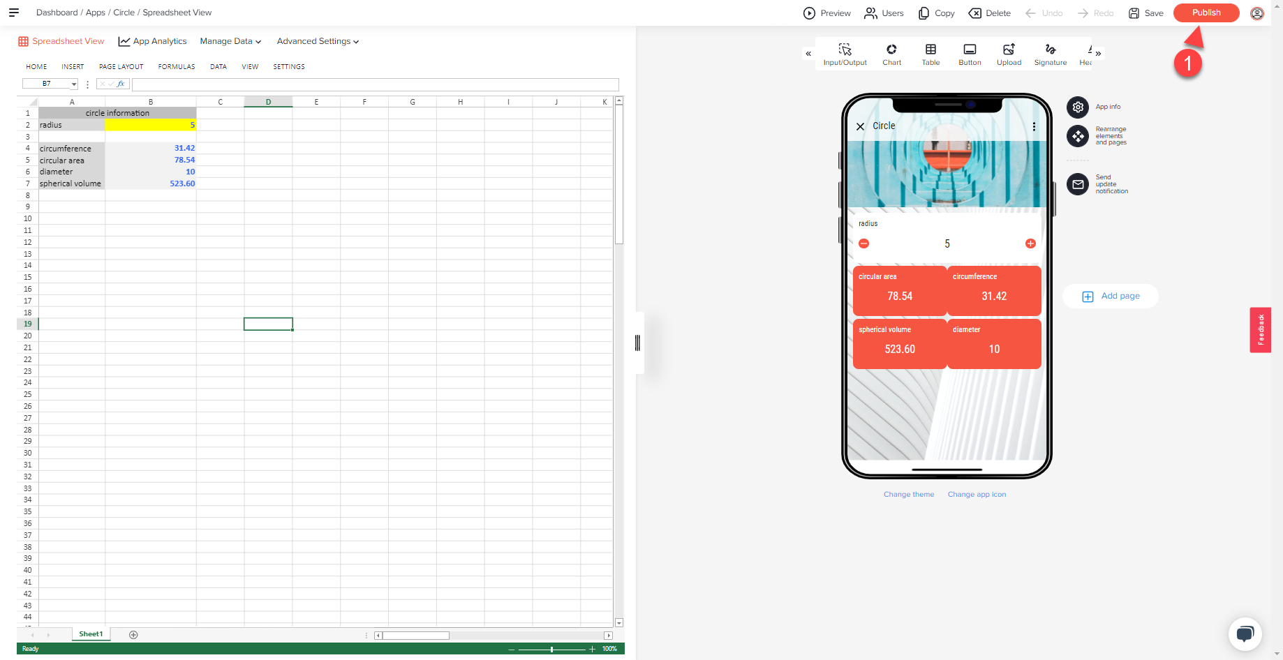Fertige Circle-App im App Designer, die Schaltfläche Publish oben rechts ist mit Pfeil 1 markiert