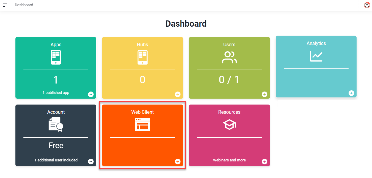 Dashboard des Web Portals mit rot markierter Kachel Web Client
