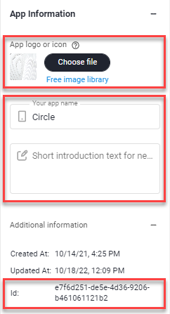 App Information section with app logo, app name, short introduction text and the app Id under Additional information