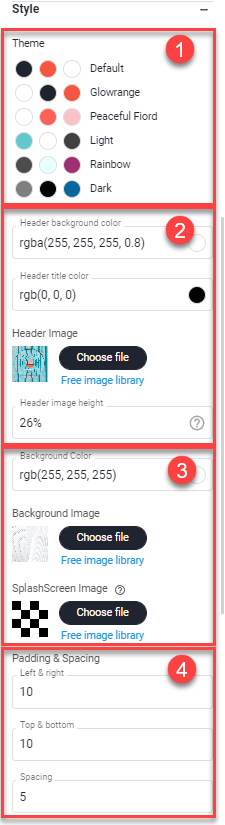 Style section with the numbered areas Theme 1, Header 2, Background and SplashScreen 3 and Padding & Spacing 4