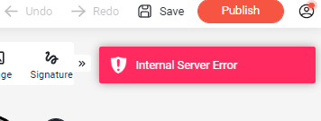 Red Internal Server Error message below the Save and Publish buttons in the App Designer