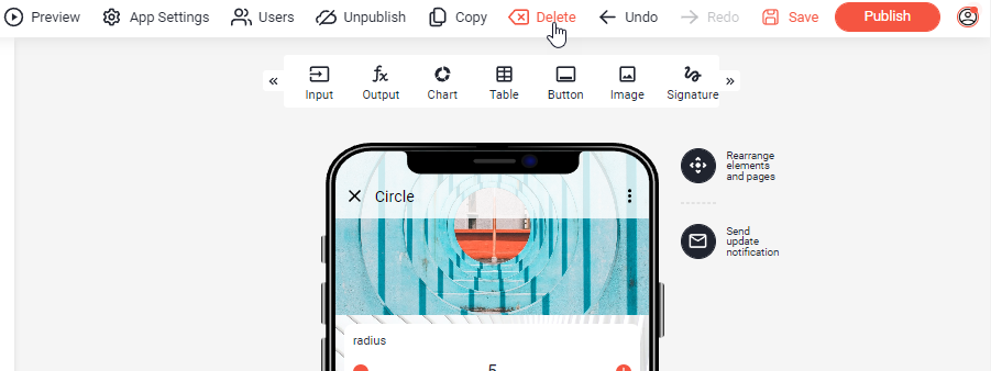 App Designer toolbar with the mouse pointer on Delete next to Preview, App Settings, Users, Unpublish and Copy
